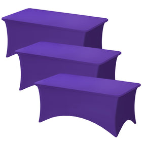 Fixwal purple 6ft stretch tablecloth fitted on a table for a sleek, professional look