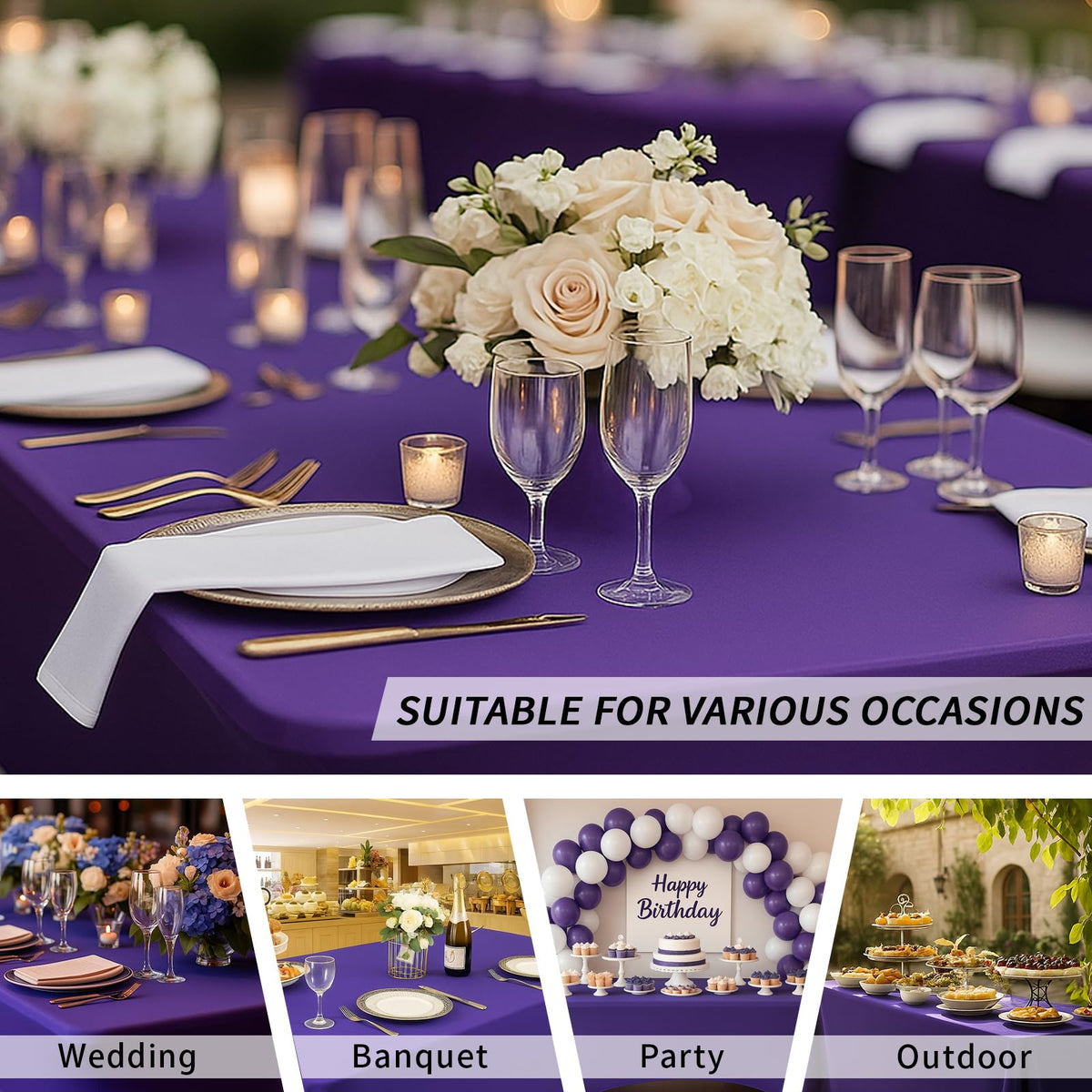 Fixwal purple tablecloth over banquet table for buffet or reception