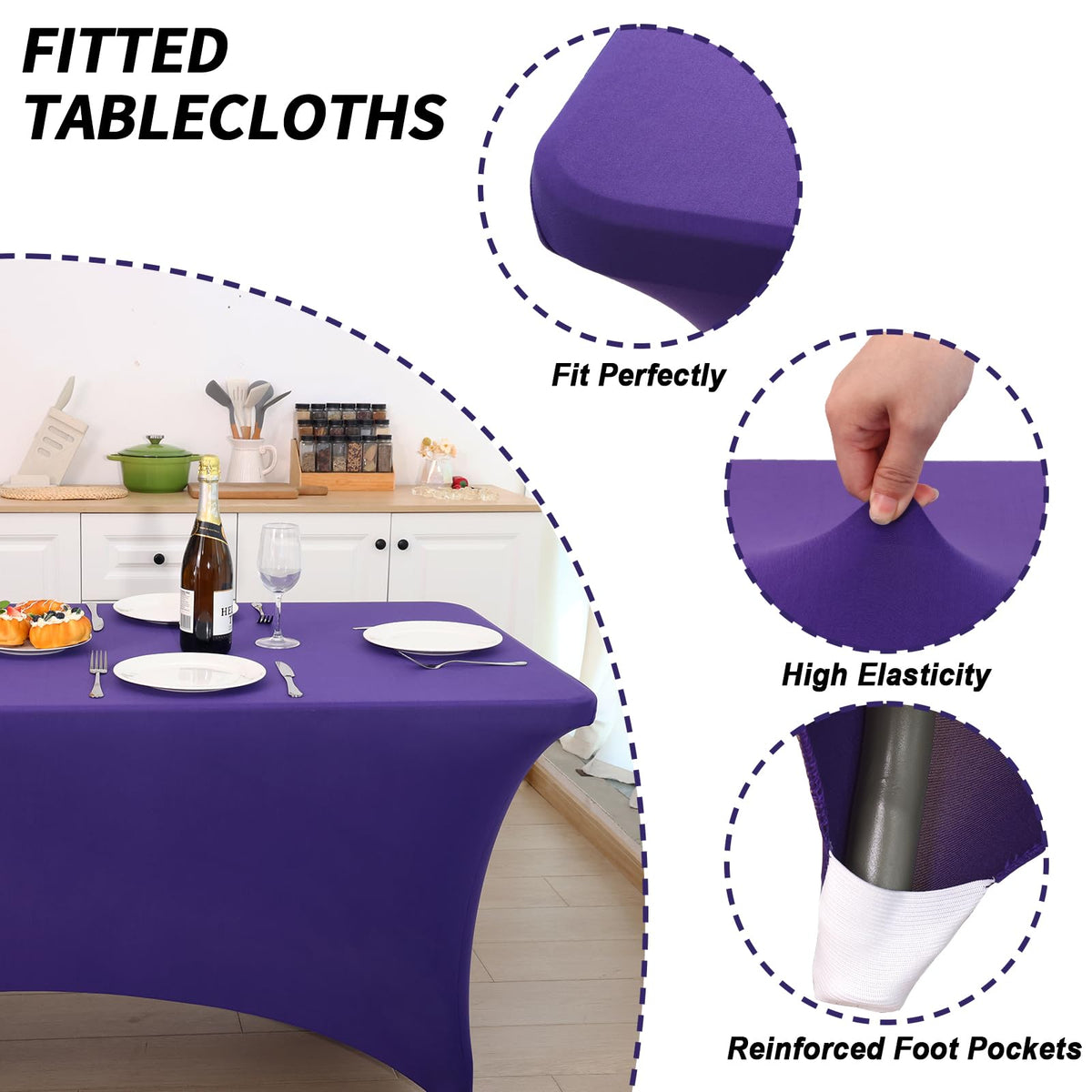 Fixwal purple tablecloth shows leg pockets detail protecting legs during setup