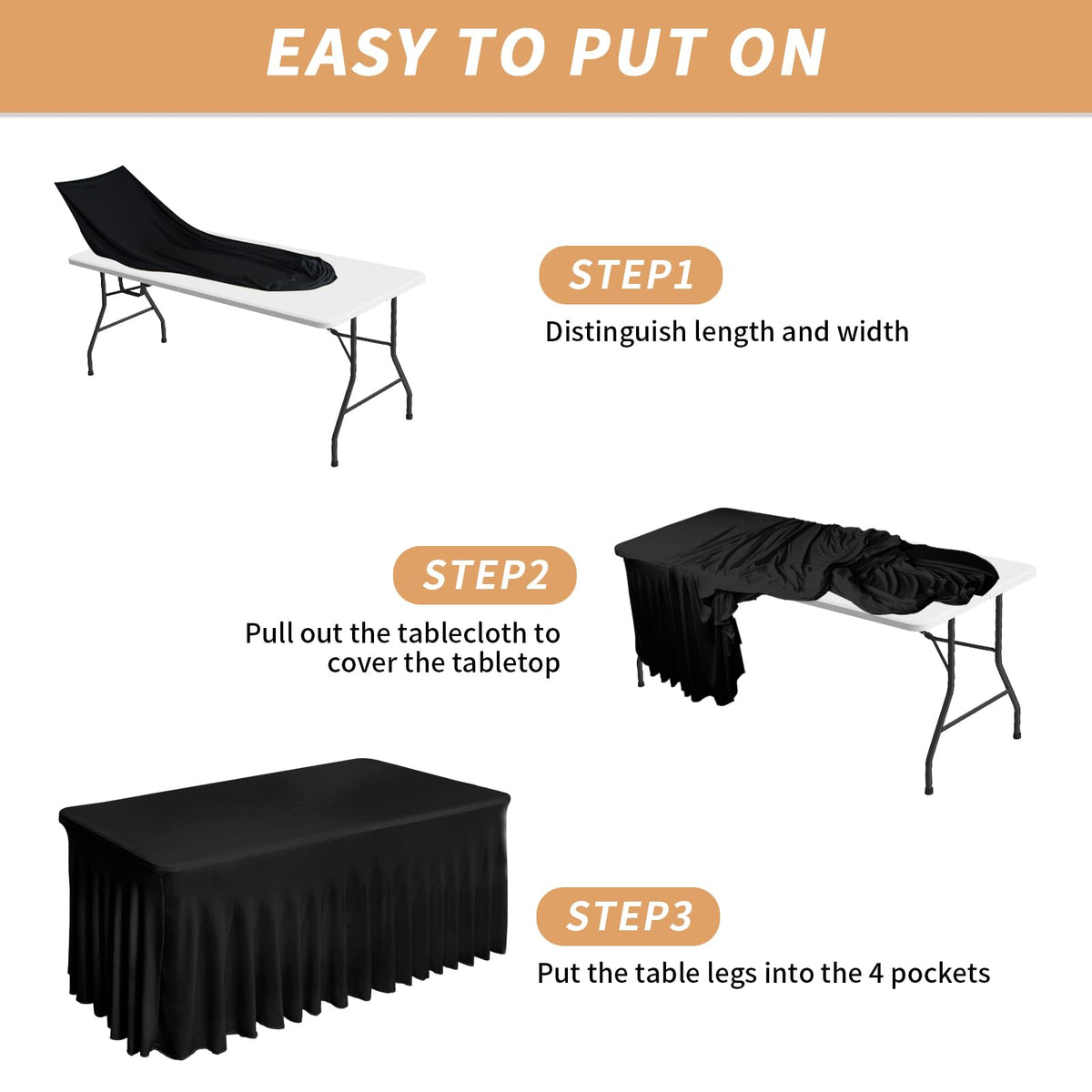 Fixwal rectangle table skirt for 6ft table, creates elegant hidden storage with neat draping.