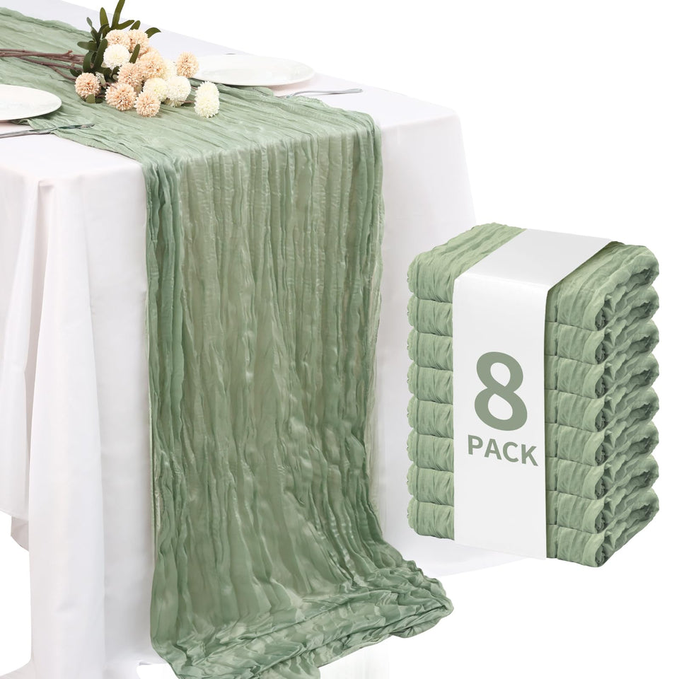 Fixwal sage green cheesecloth table runner, fully unfolded for a floor-length centerpiece