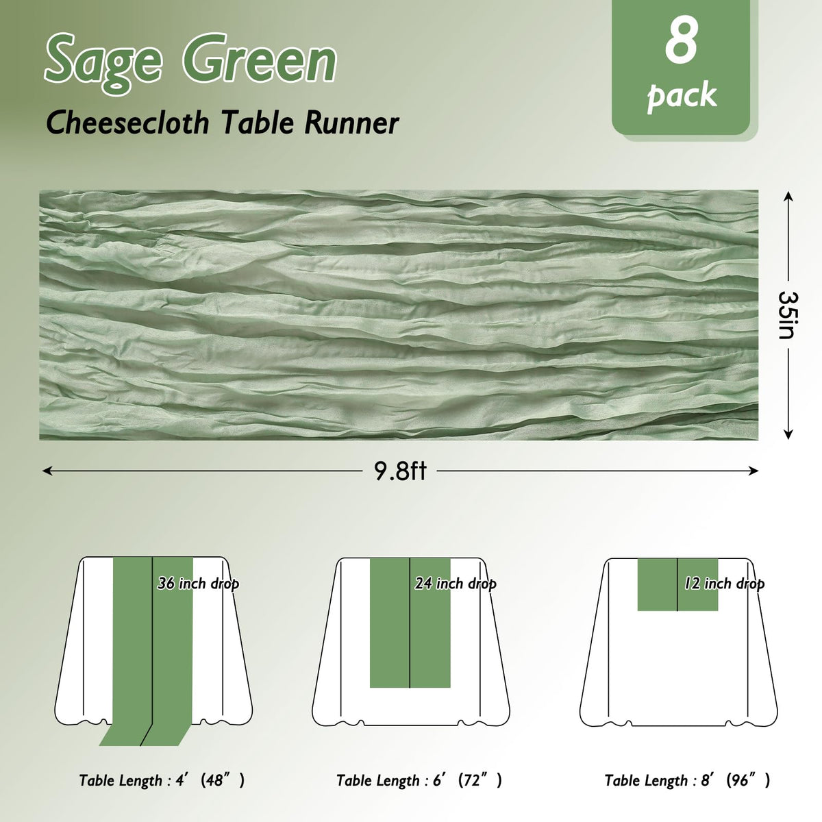 Fixwal sage green cheesecloth table runner, pleated texture adds depth