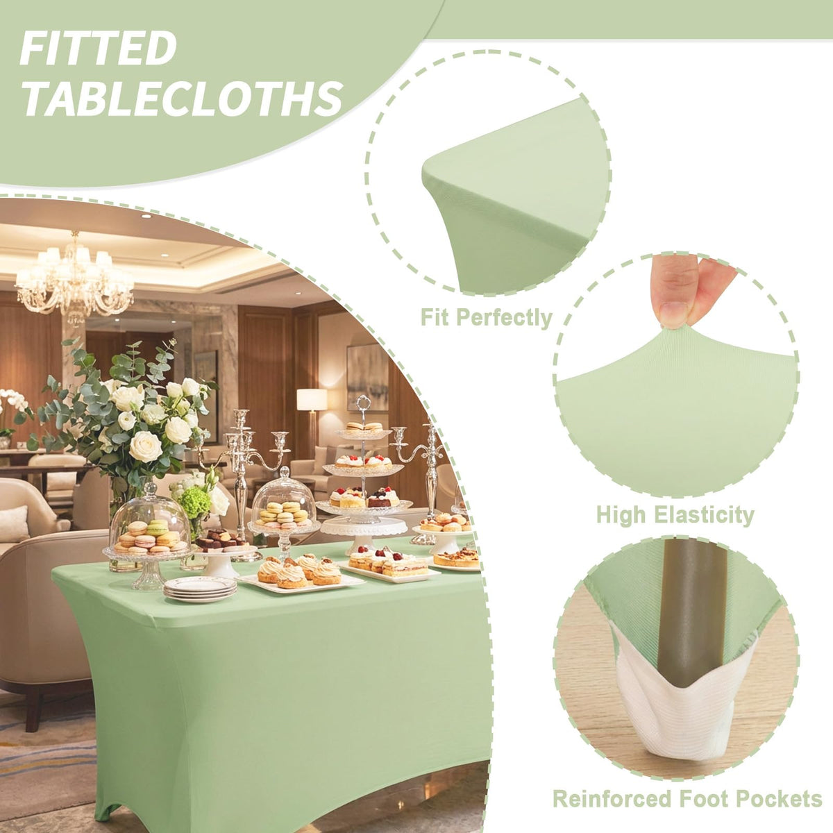Fixwal sage-green tablecloth with leg pockets protecting table legs and fabric.