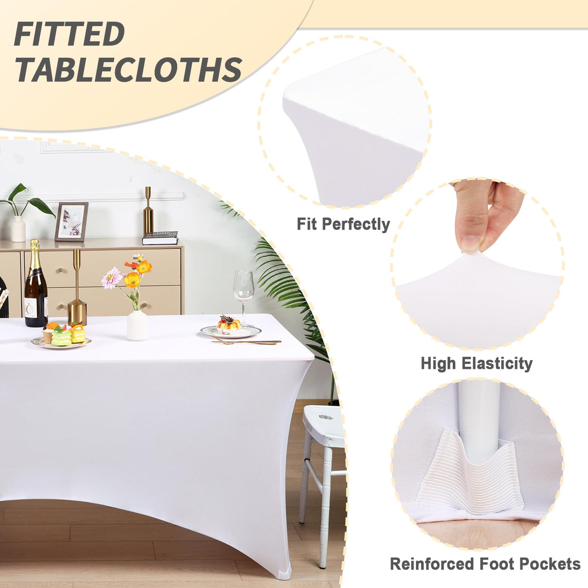 Fixwal white spandex table cover with elastic leg pockets stays securely in place.