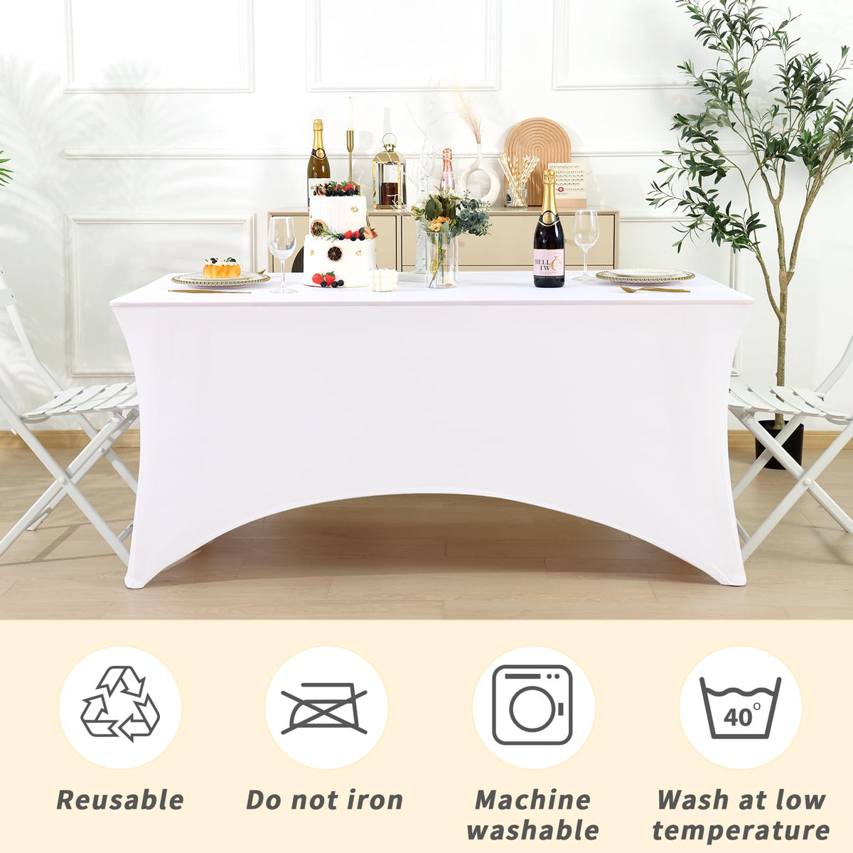 Wedding reception setup using Fixwal spandex cover for a wrinkle-resistant presentation.