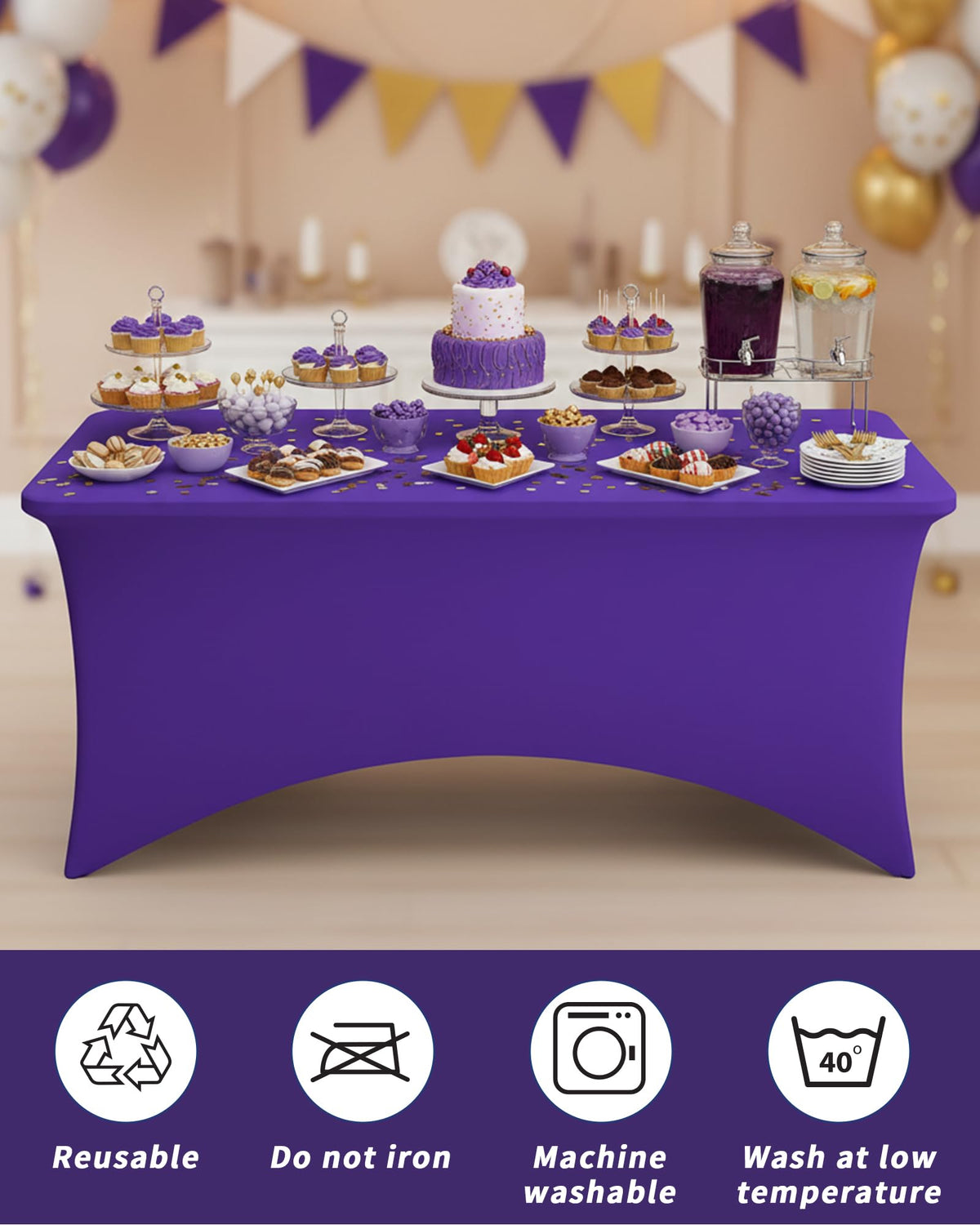 Fixwal wedding dining tablecloth adds vibrant purple color to reception.