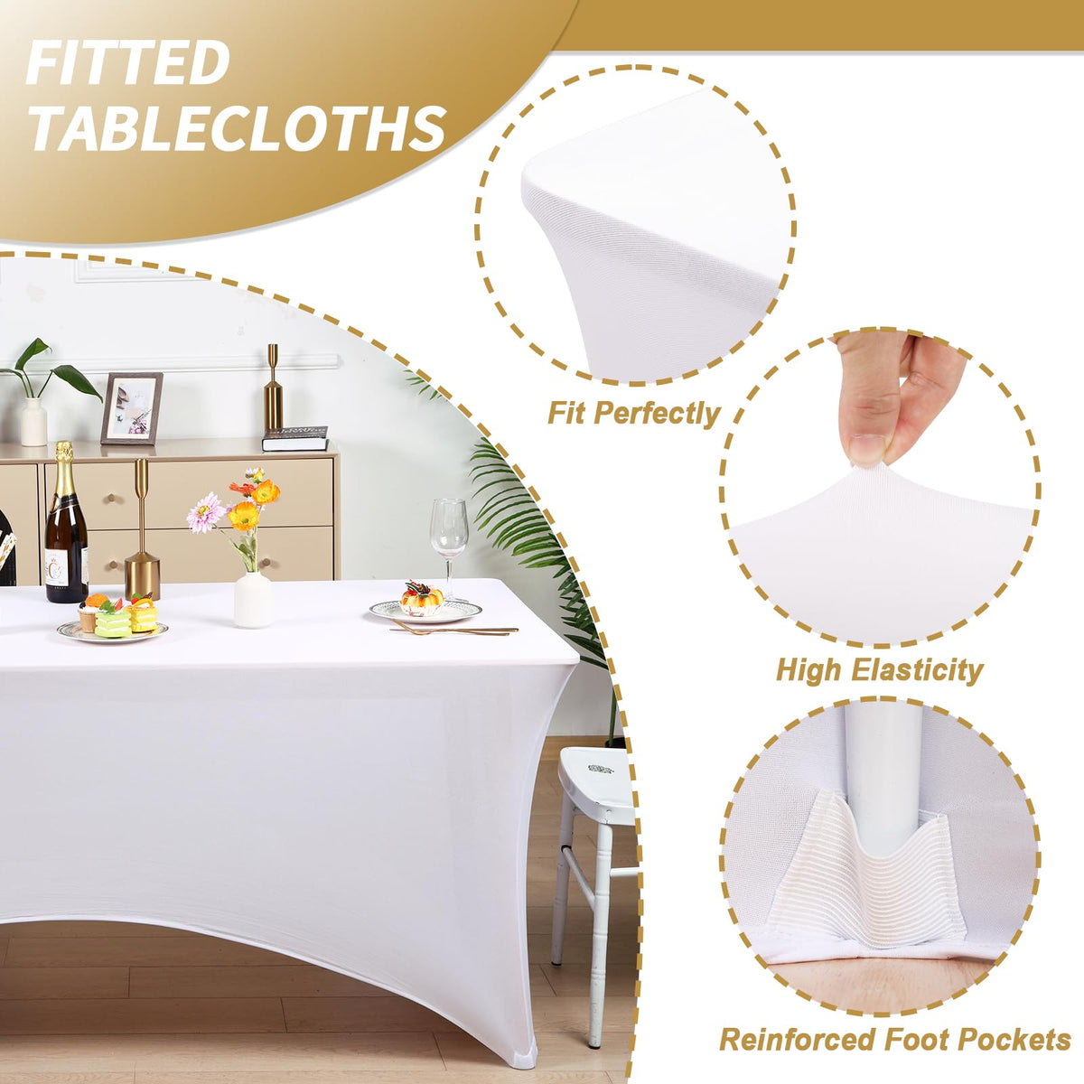 Fixwal white 6ft stretch spandex fitted table cover on folding table for a crisp look