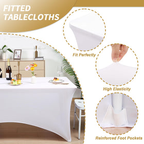 Fixwal white 6ft stretch spandex fitted table cover on folding table for a crisp look