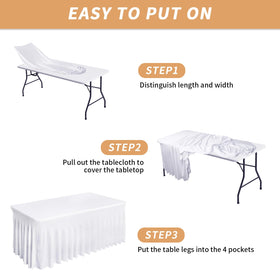Fixwal white spandex tablecloth skirt assembly creates a seamless 2-in-1 look for events.