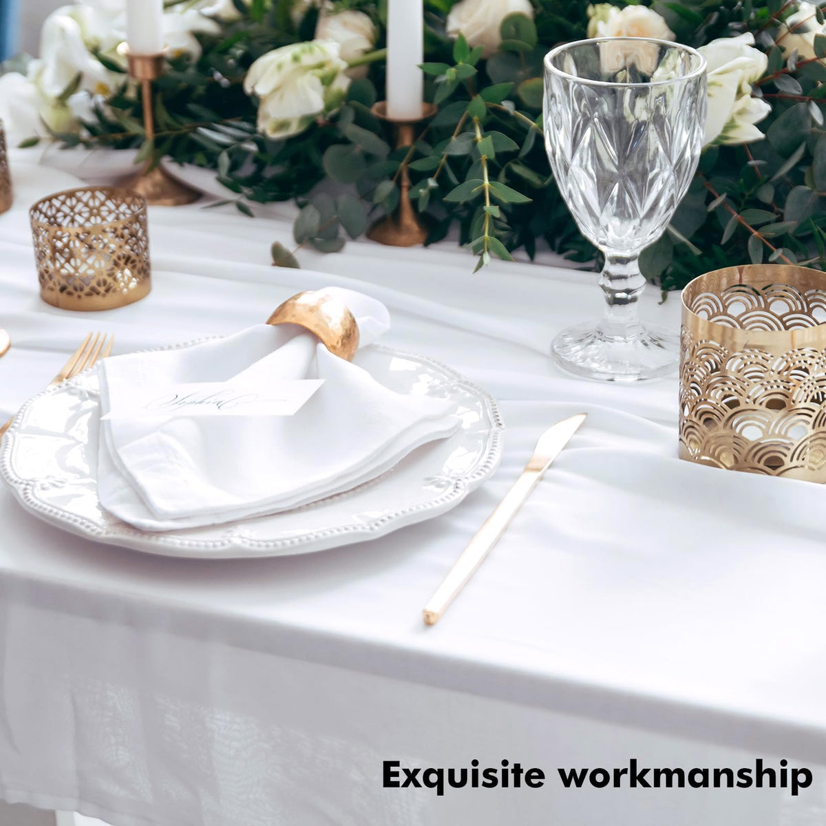 Fixwal white tablecloth draped over a rectangle table for a clean, smooth finish.