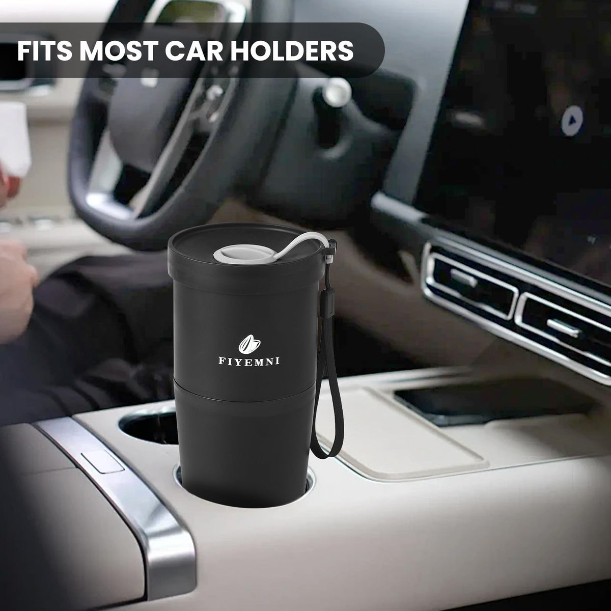 FIYEMNI snack cup on the go fits in car cup holders.