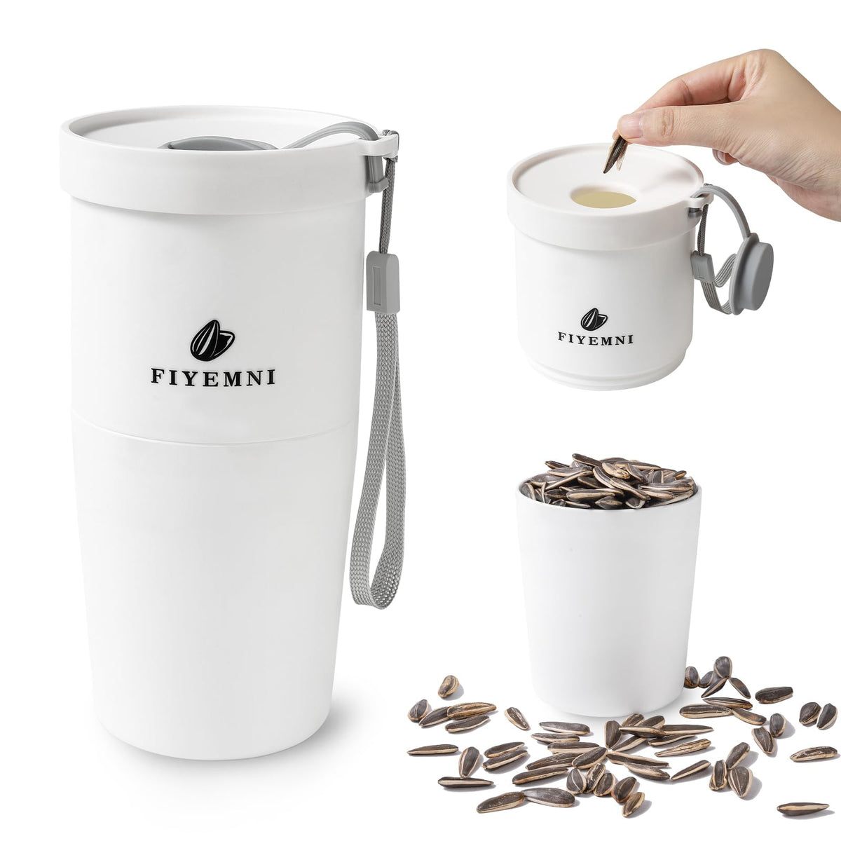 FIYEMNI sunflower seed cup mostrando disposal de casquillos para snack limpio