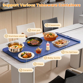 FJAU warming mat compatible with glass, ceramic, and stainless containers.