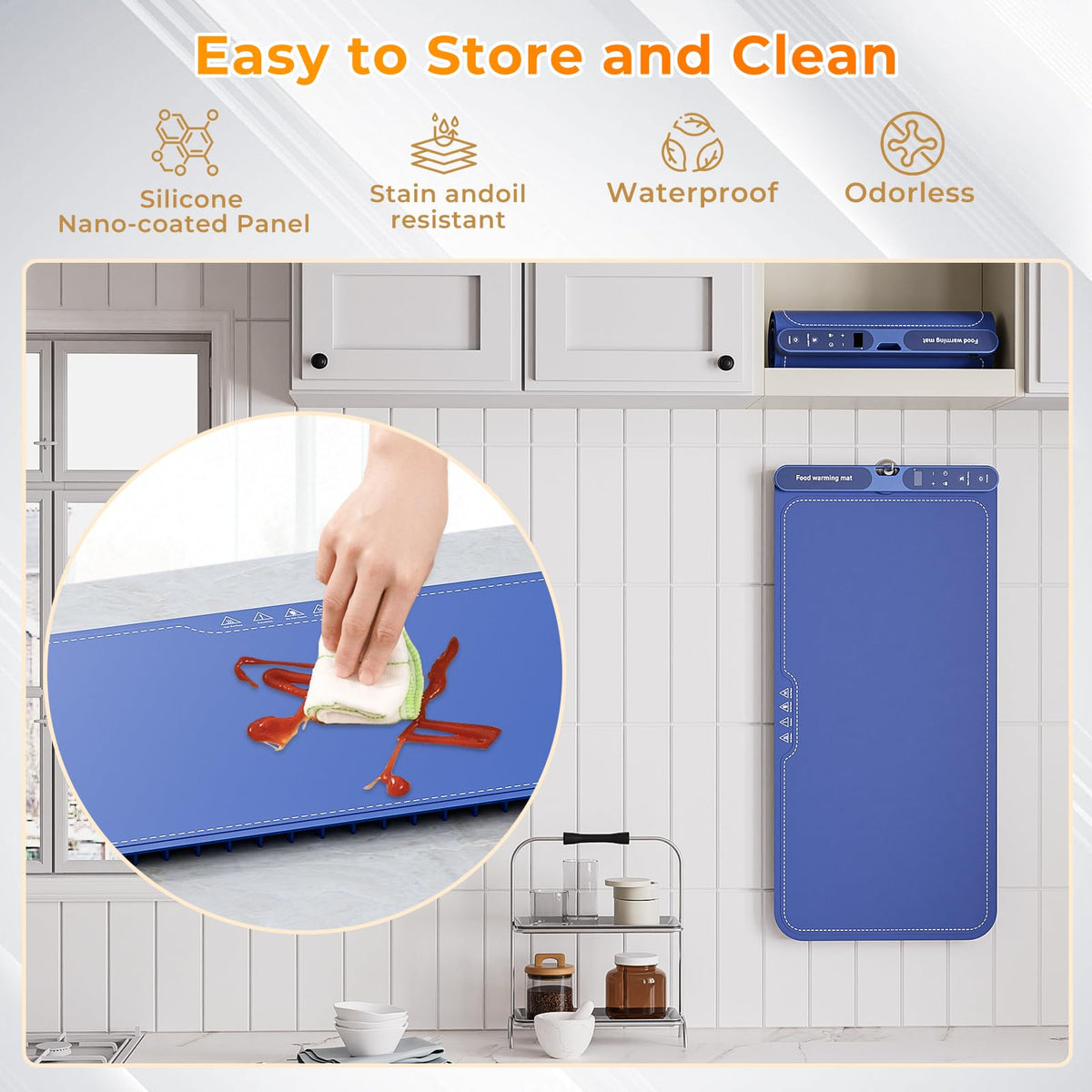 FJAU warming mat nano-coated silicone surface resists stains.