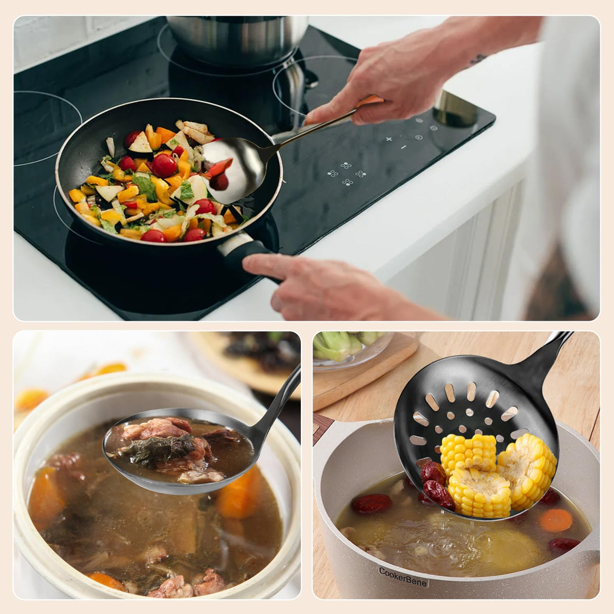 FJNATINH ladle with stainless steel head and wooden grip for safe scooping.