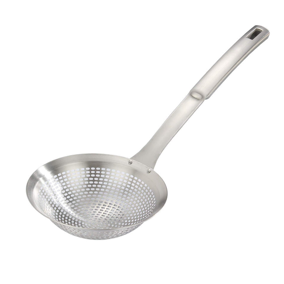 FJNATINH Skimmer Ladle 14.5in in 304 stainless steel for quick straining.