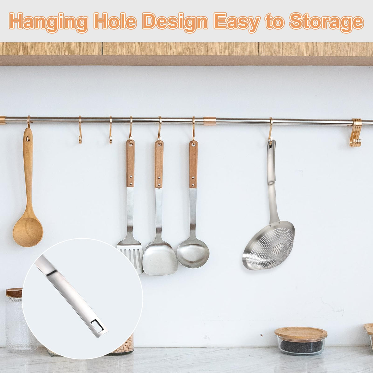 FJNATINH Skimmer Ladle designed for frying tasks and draining hot liquids.