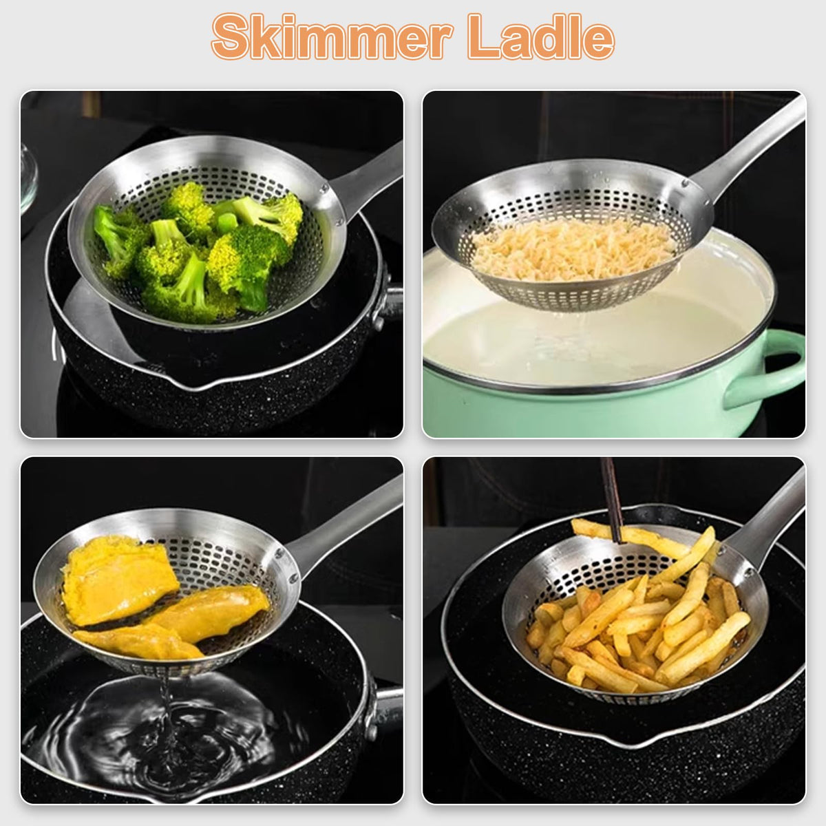 FJNATINH Ladle with mirror finish that cleans easily after cooking.