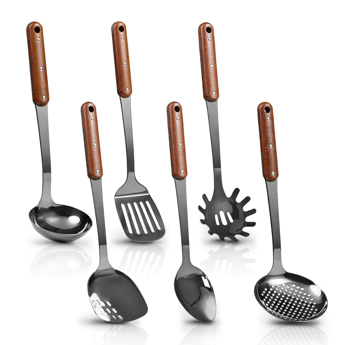 FJNATINH stainless steel utensils set in mirror finish, blending durability with kitchen aesthetics