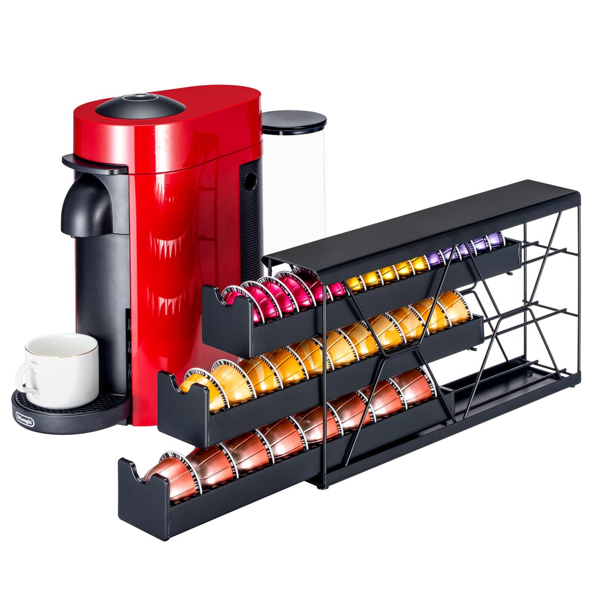 FlagShip 3-tier Vertuo pod drawer in black keeps 30+ pods organized.