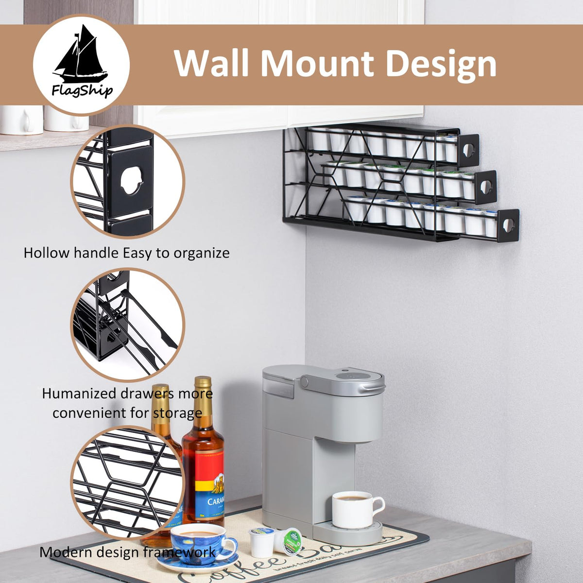 FlagShip K Cup Drawer easy pull-out drawer for quick pod access