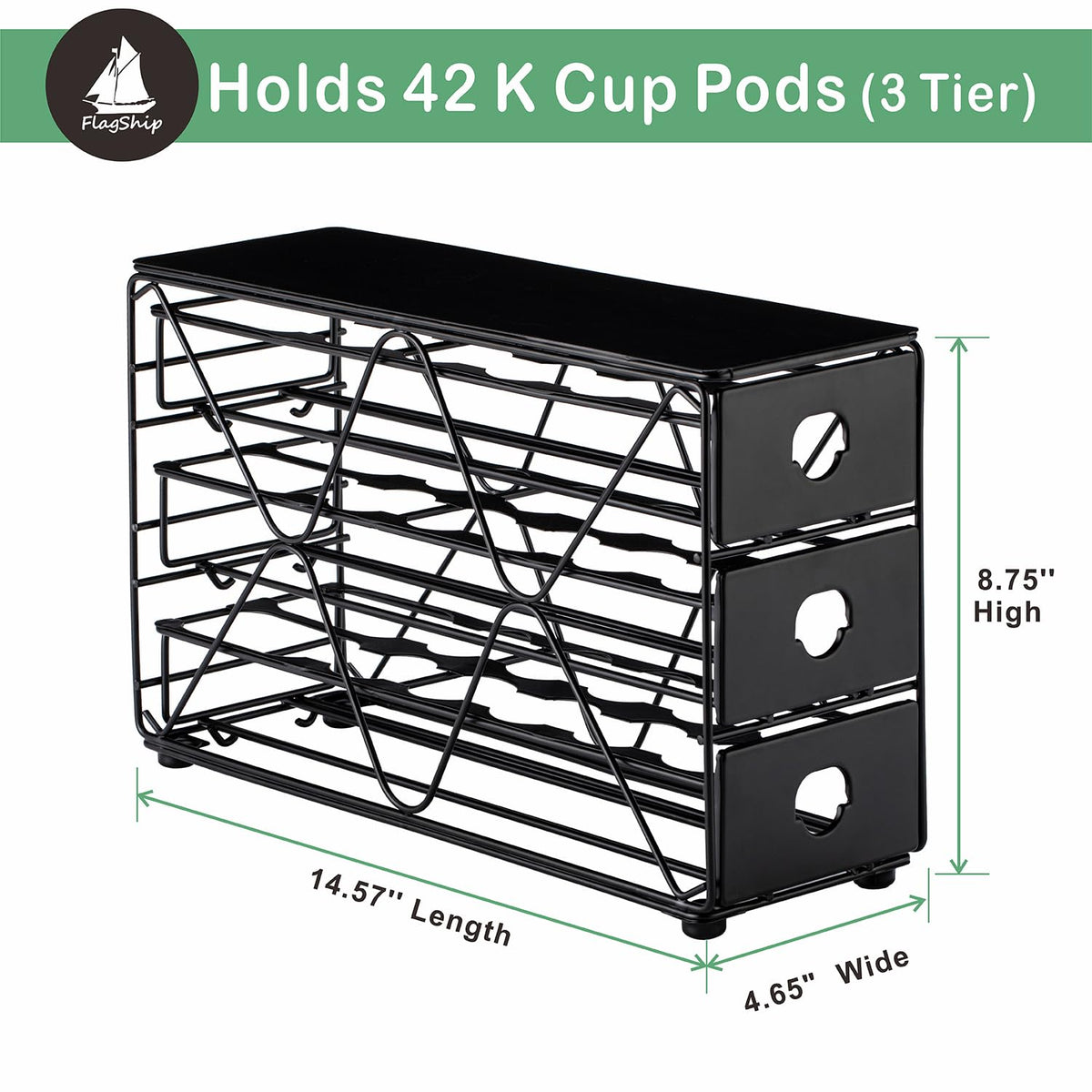 FlagShip K Cup Holder front angled view reveals a tidy, tiered storage system.