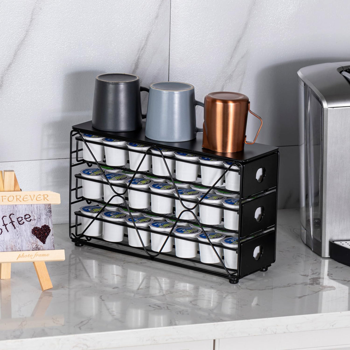 FlagShip K Cup Holder with mugs and accessories on top.
