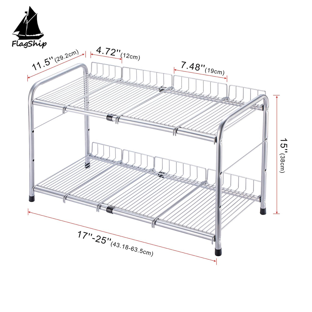 FlagShip silver metal under-sink organizer keeps items visible and accessible.