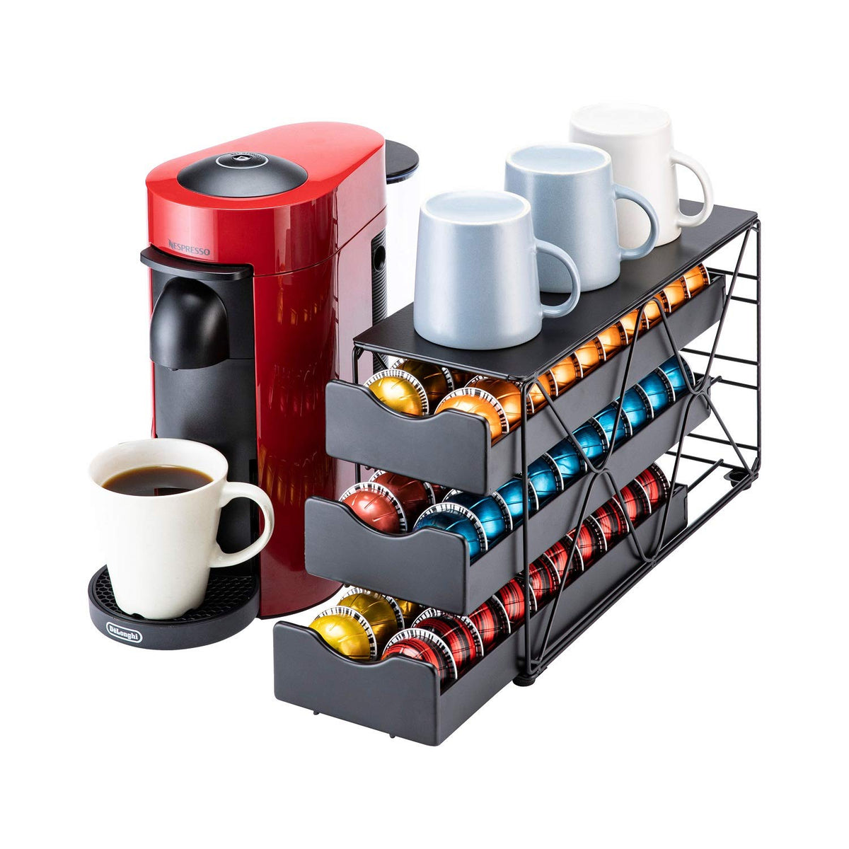 FlagShip Vertuo pod drawer 3-tier shows 60-pod capacity for organized storage.