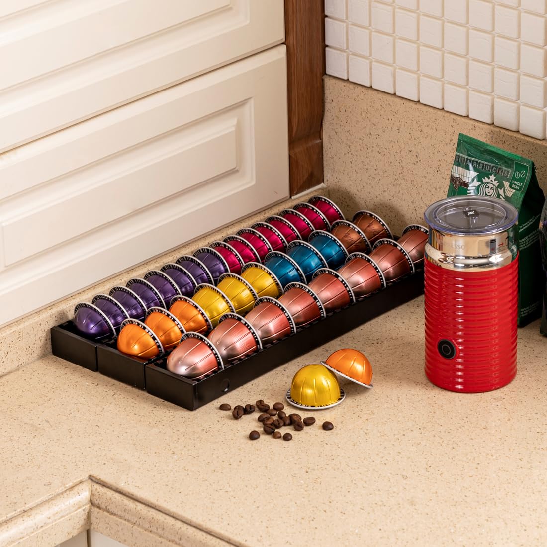 FlagShip Vertuo Pod Drawer compact height design fits shallow counters.