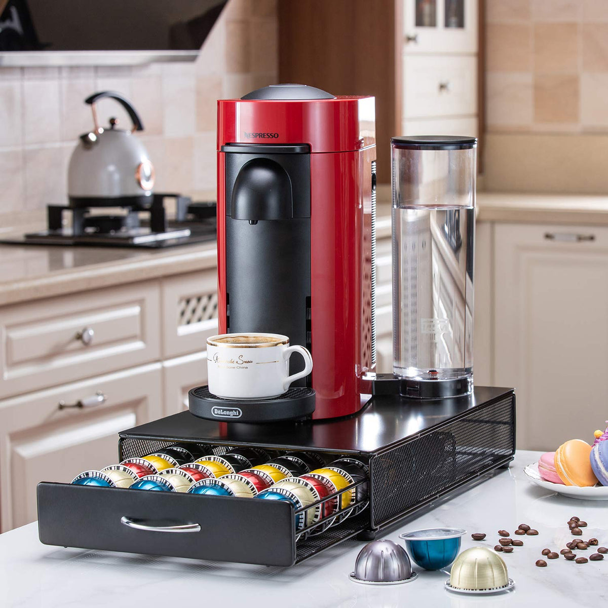 FlagShip Vertuo Pod Drawer front view shows sturdy black metal storage for 40 capsules.