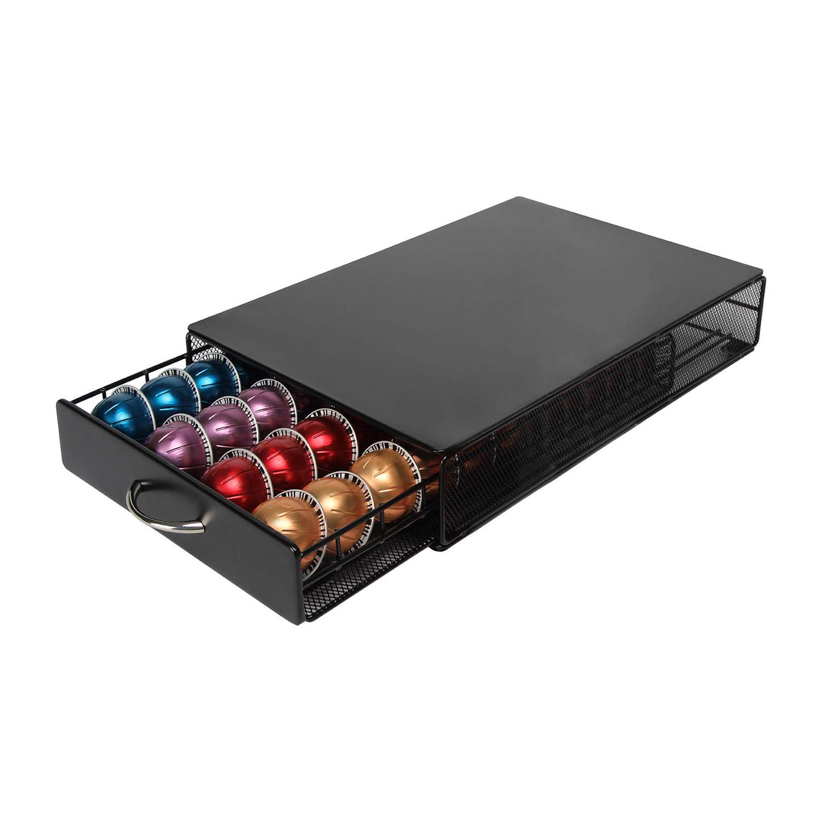 FlagShip Vertuo Pod Drawer open drawer reveals four tidy rows.