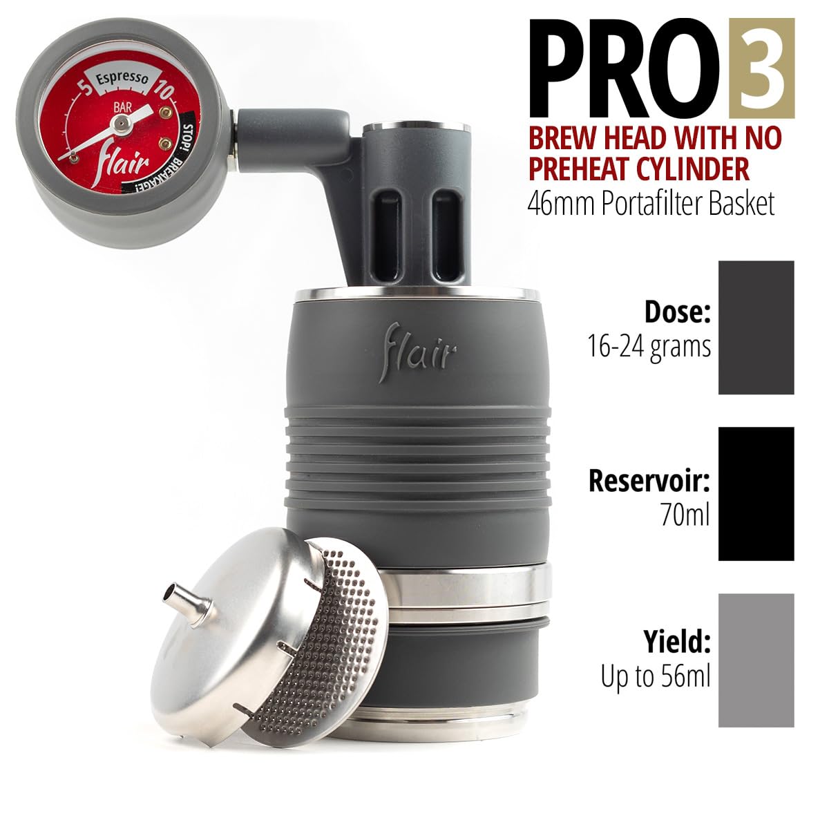 Flair PRO 3 brewing head detached for easy cleaning.