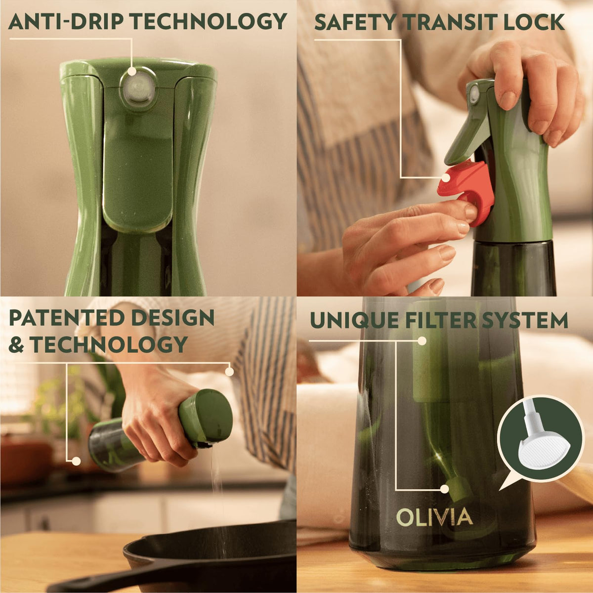 Flairosol Olivia Signature leakproof trigger keeps spray neat during cooking