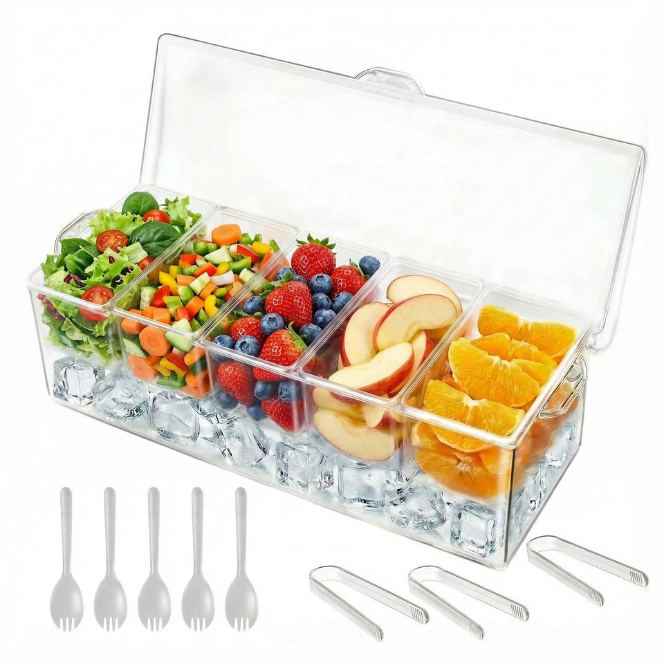 Flajepetals ice-chilled condiment caddy with lid keeps sauces cool and visible.