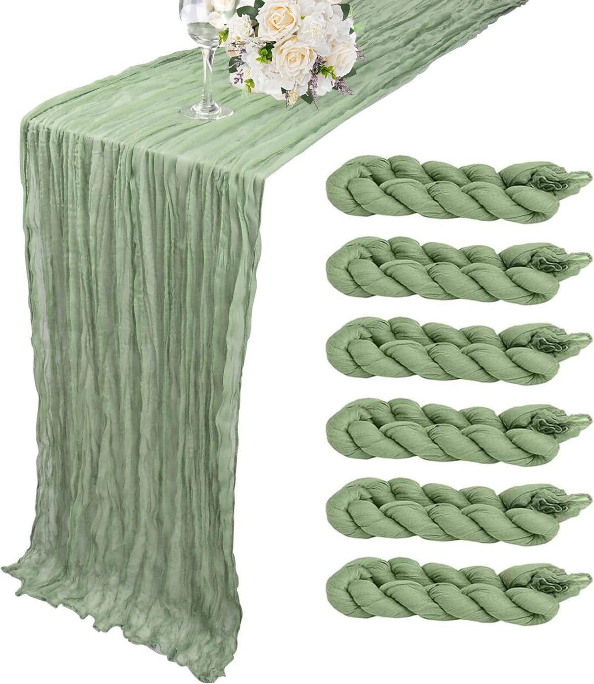 FlashCarryPro sage green cheesecloth table runner close-up for elegant weddings