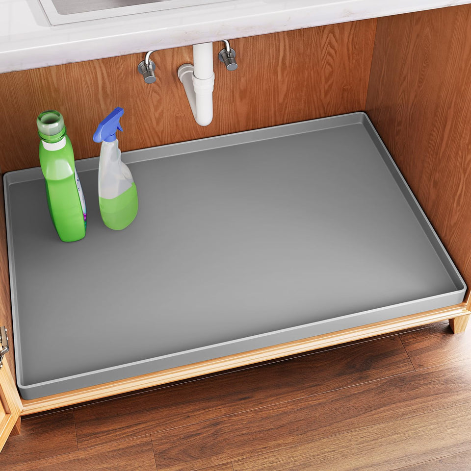 FLATO under-sink mat 34x22 with flat-fit design protects cabinets from leaks.