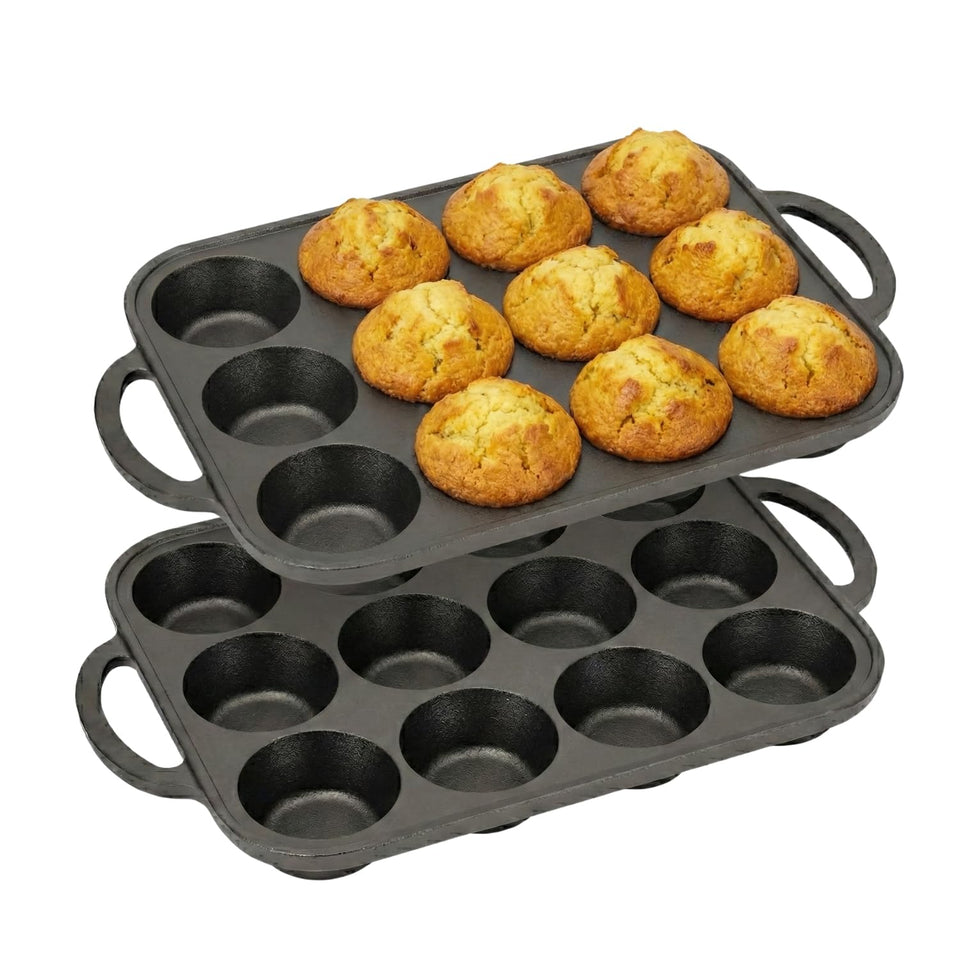 Flavehc two-pack cast iron muffin pan with dual trays for batch baking.
