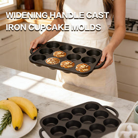 Stackable design saves cabinet space by neatly storing two pans.