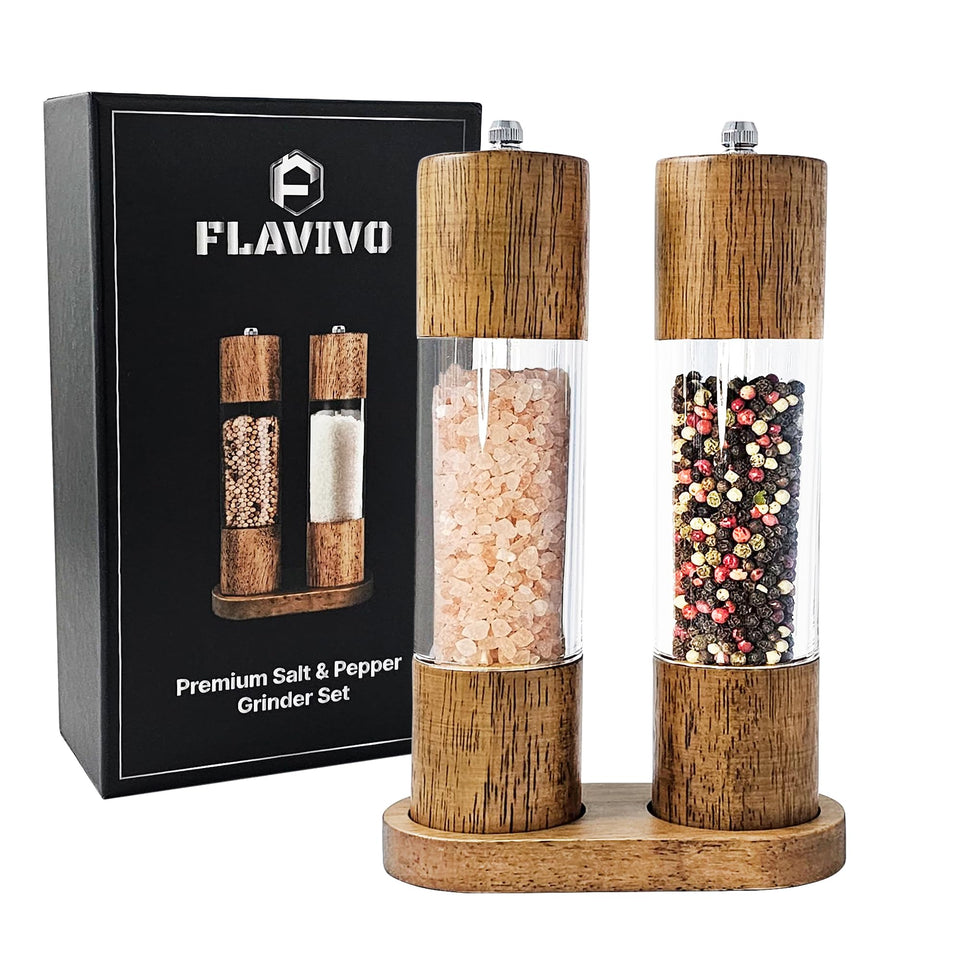 FLAVIVO wooden salt and pepper grinder set on stand keeps spices neatly organized.