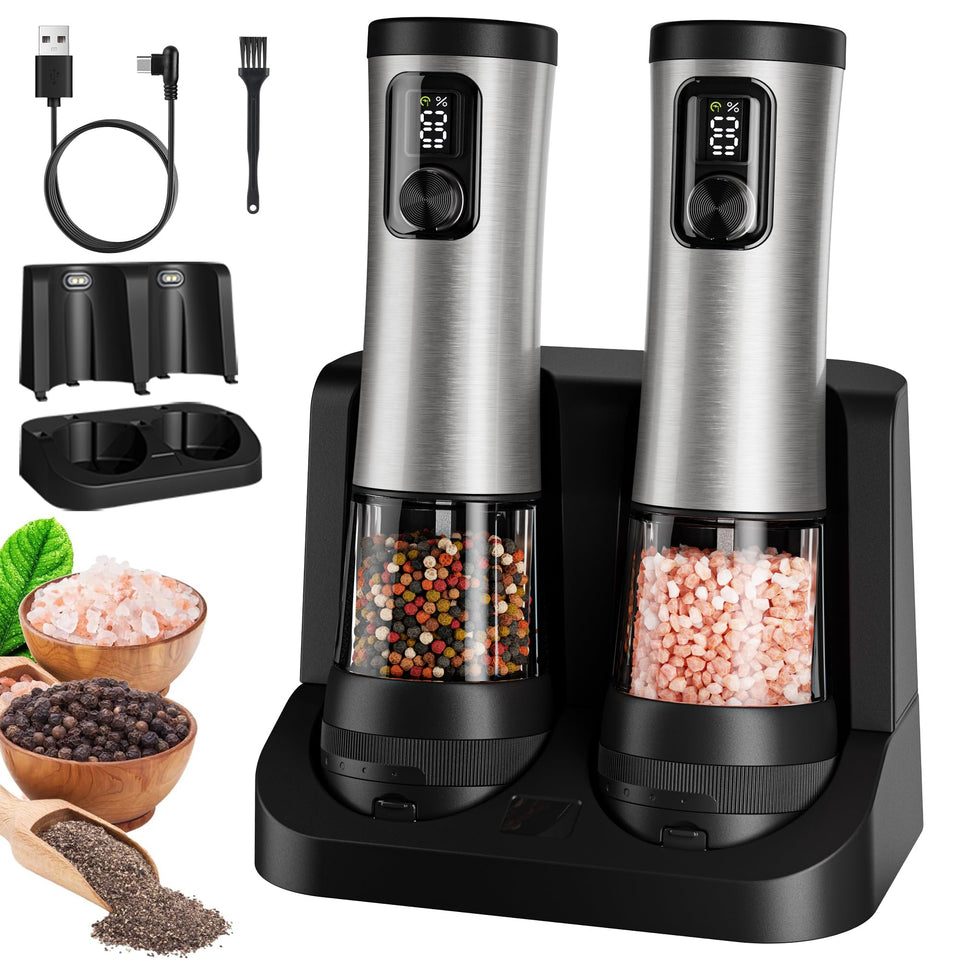 Flelano electric grinders on display offering quick, on-demand seasoning.