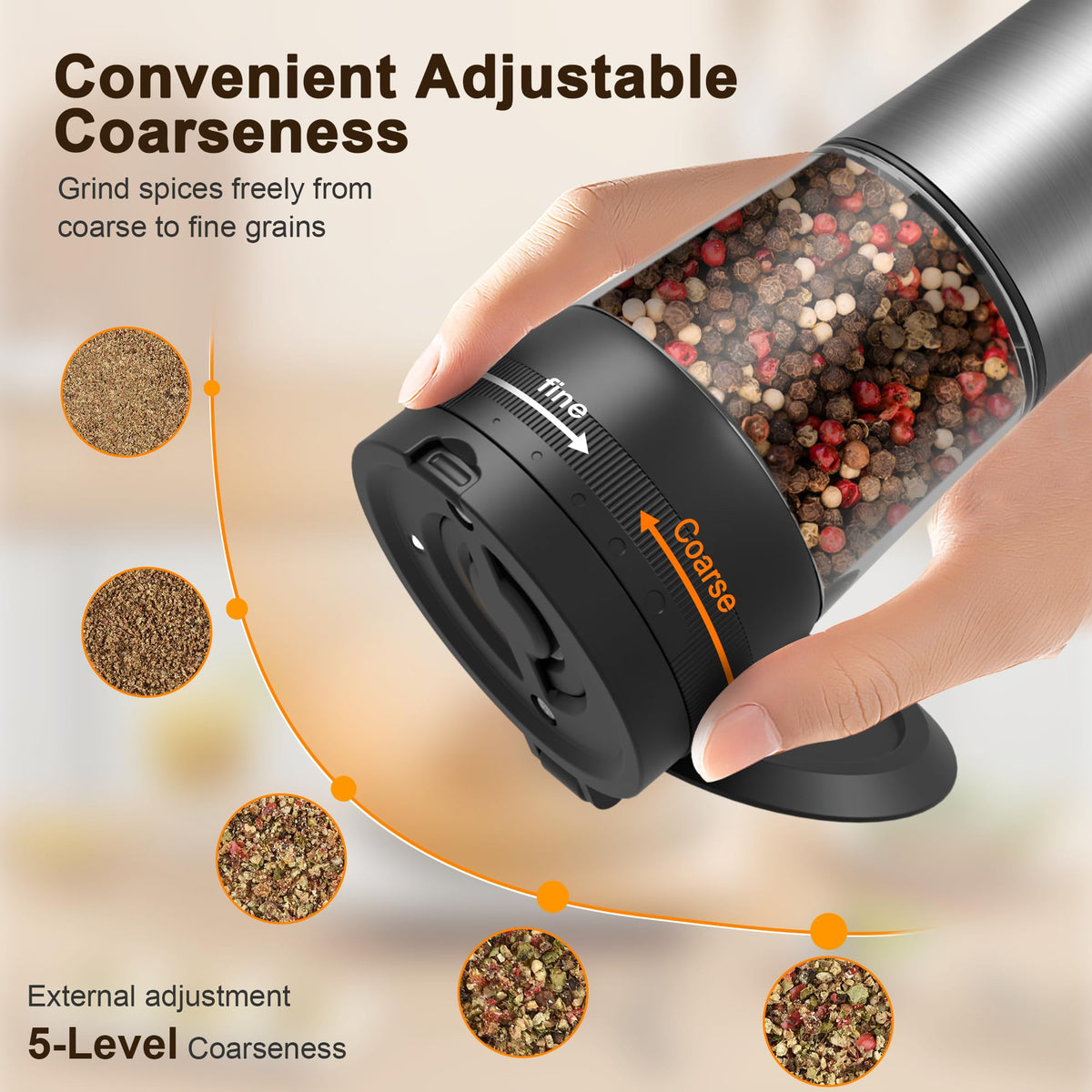 External coarseness dial enables effortless texture control.