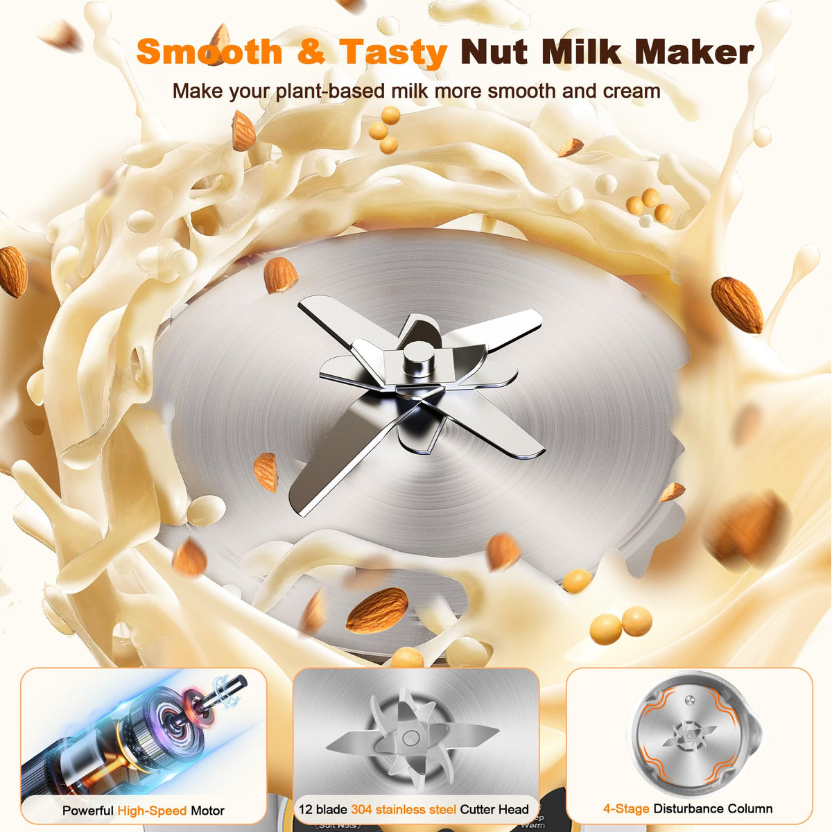 Flelano nut milk maker with 12 blades inner view for powerful blending.