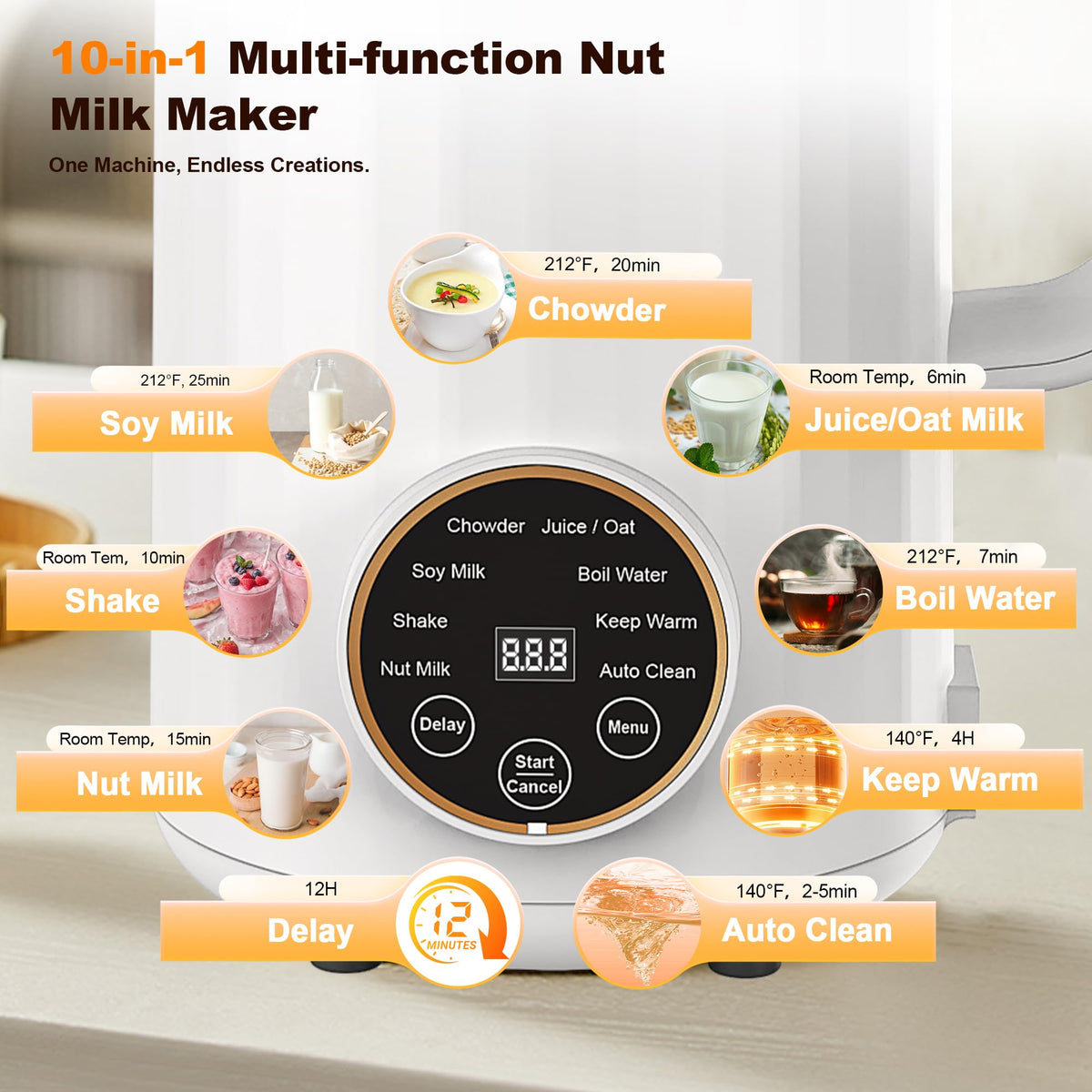Flelano nut milk maker control panel view highlighting one-touch operation.