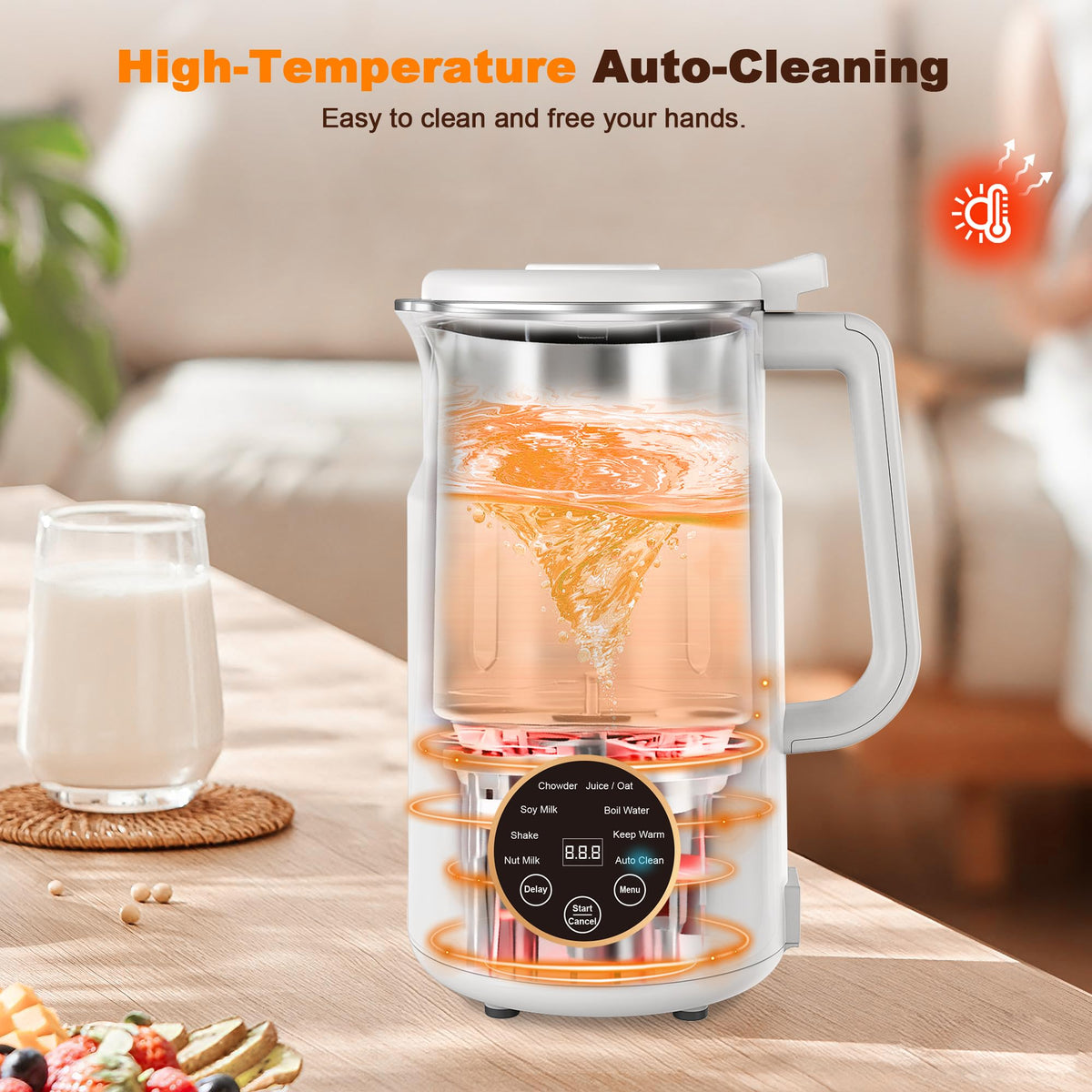 Flelano nut milk maker with delayed start and keep warm functions in use.