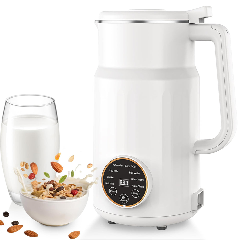 Flelano nut milk maker front view showing 34oz capacity for family use.
