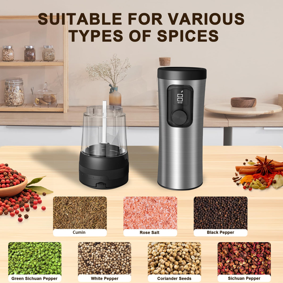 Two-speed settings balance fast grinding for pepper with gentle grinding for salt.