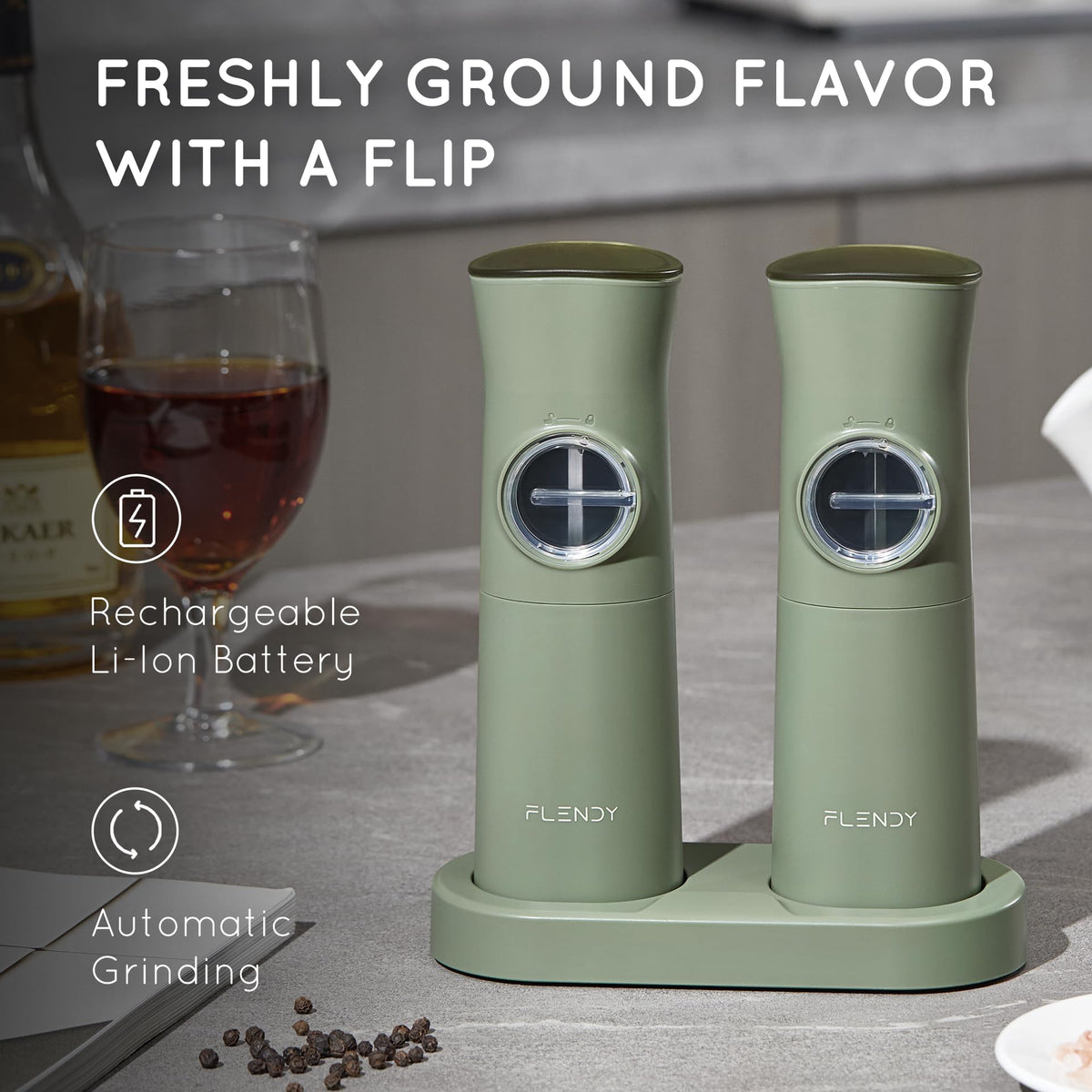 Flendy gravity electric grinder in automatic action when flipped.