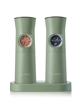 Flendy gravity salt and pepper grinder on charging base for quick, cordless use.