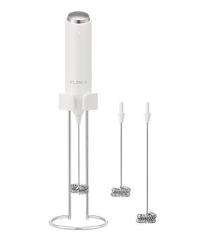 Flendy rechargeable milk frother in charging stand on kitchen counter.